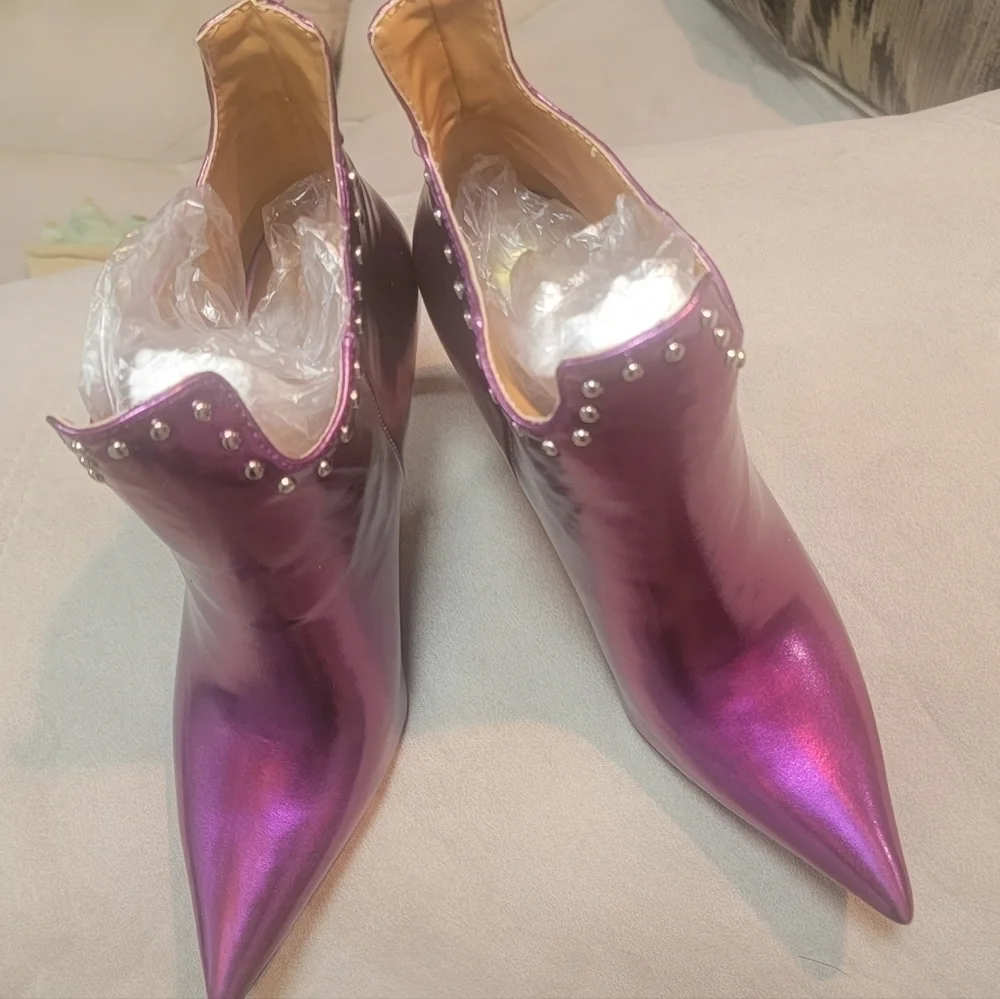 FSJ Classic Pointed Toe Stiletto High Heel Studded Ankle Boots Glossy Pull-On